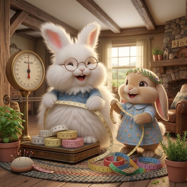 Bunnini and Pee-Casso checking rabbit weight and health records