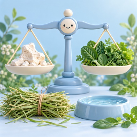 Balanced-diet illustration with leafy greens, a calcium symbol, hay and water