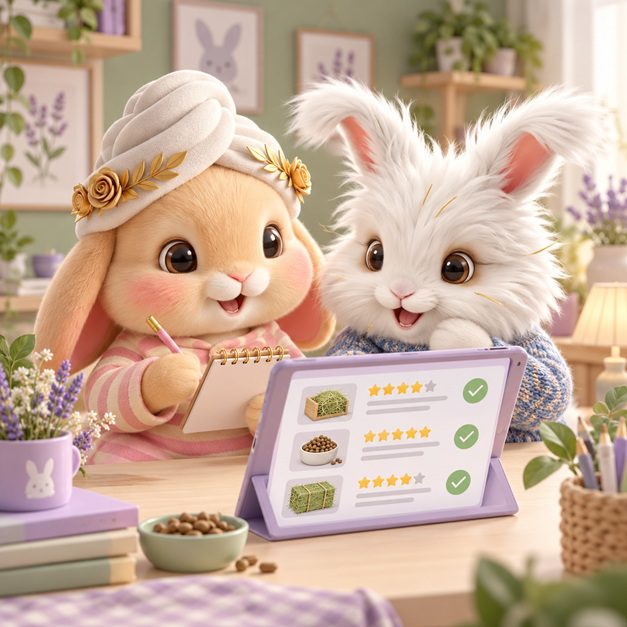 Bunnini taking notes while she and Pee-Casso browse rabbit food reviews on a tablet