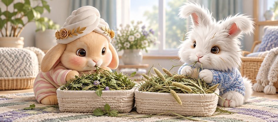 Bunnini and Pee-Casso exploring alfalfa and grass hay offered side by side