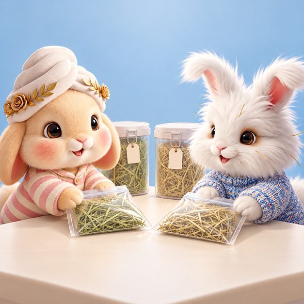 Bunnini and Pee-Casso exchanging sealed unused hay samples at a clean table