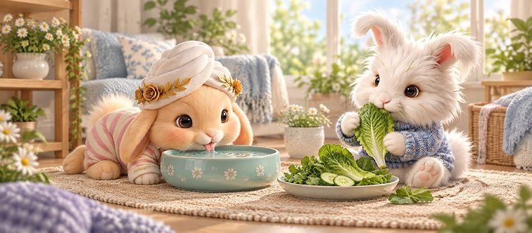 Bunnini drinking from a water bowl beside Pee-Casso eating fresh leafy greens