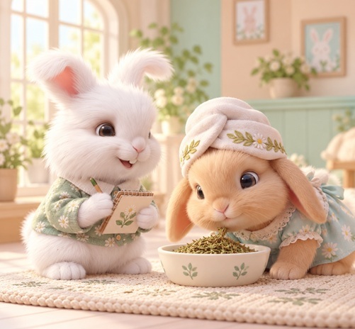 Bunnies beside a bowl of rabbit recovery food