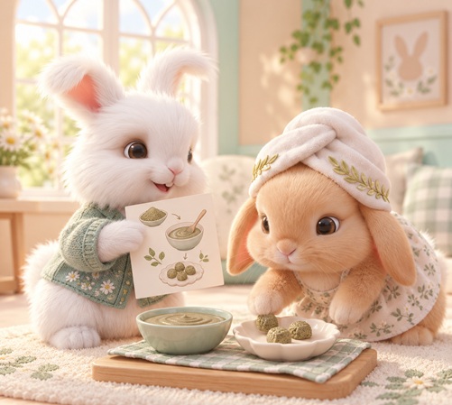 Bunnies sharing a gentle recovery-meal scene