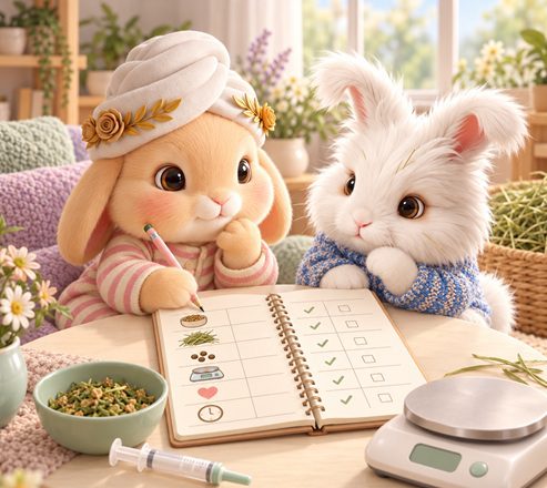 Bunnini and Pee-Casso keeping a rabbit recovery notebook beside feeding supplies and a weighing scale