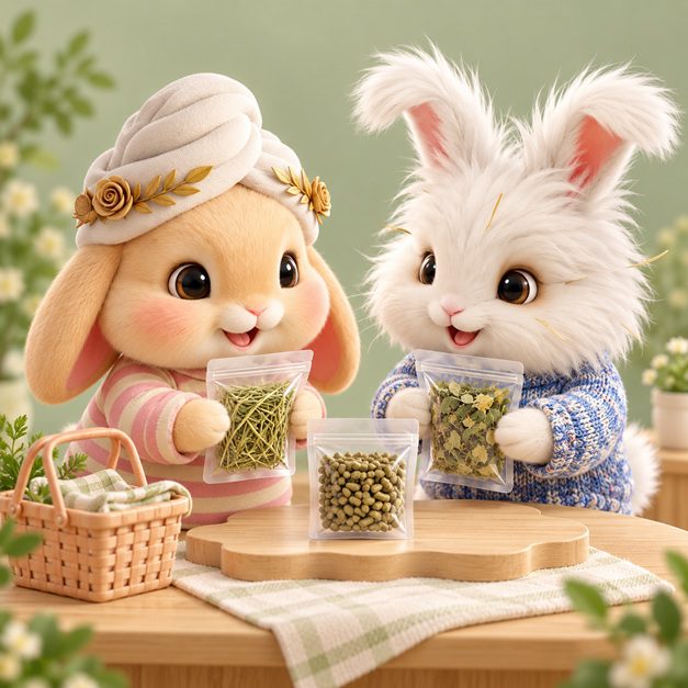 Bunnini and Pee-Casso inspecting small sealed samples of hay, pellets and herbs