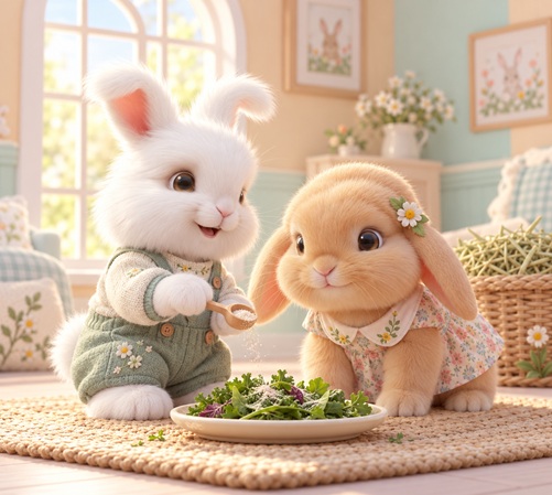 Bunnies preparing leafy greens together