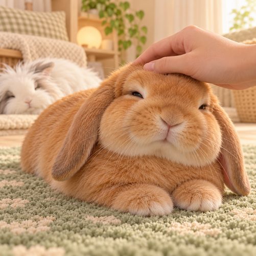 3D chibi Bunnini relaxing during gentle forehead strokes