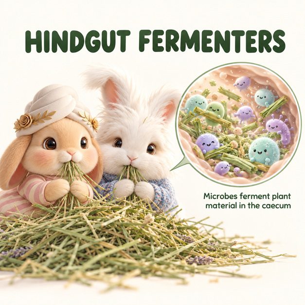 Bunnini and Pee-Casso eating hay beside an illustration of microbes fermenting plant material in the caecum