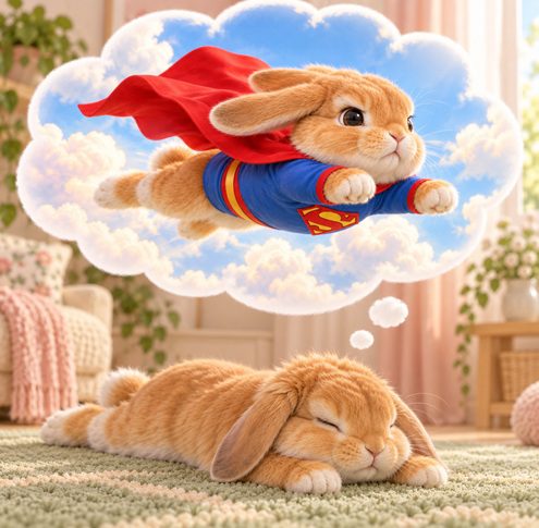 3D chibi Bunnini splooting on the floor while dreaming of flying as a superhero