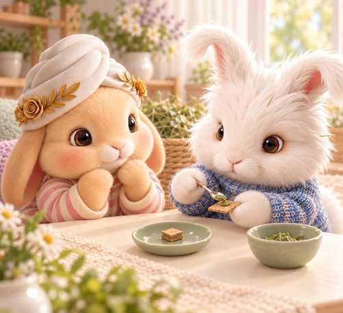 Bunnini and Pee-Casso preparing a tiny cookie sandwich with green recovery-food filling