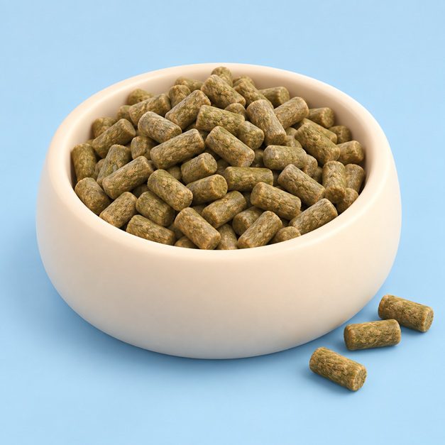 Plain rabbit pellets in an ivory bowl, illustrated in 3D chibi style