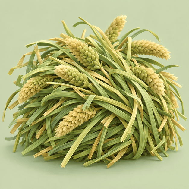 A green and golden Timothy hay bundle, illustrated in 3D chibi style