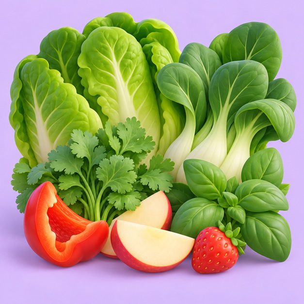 Leafy vegetables and herbs with a few fruit pieces, illustrated in 3D chibi style