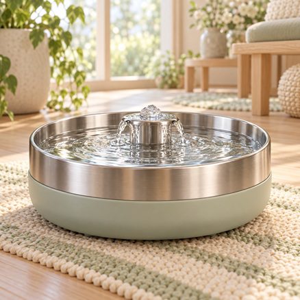 Low stainless-steel fountain bowl in a rabbit water setup, with a gently bubbling stream and broad drinking basin.