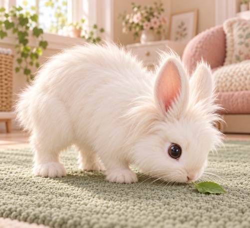 3D chibi Pee-Casso lowering their nose to investigate a leaf on the rug