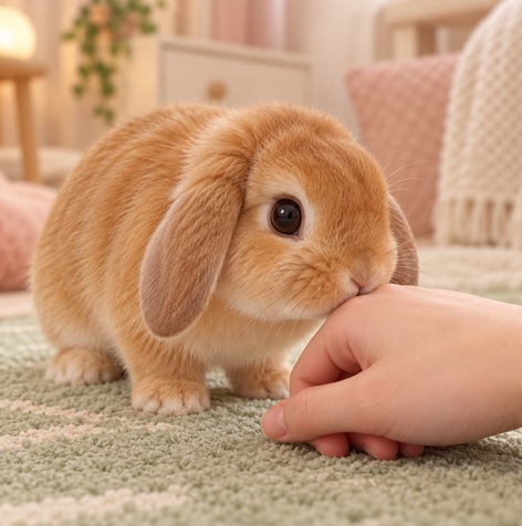 Bunnini gently nudging a person's hand with her nose