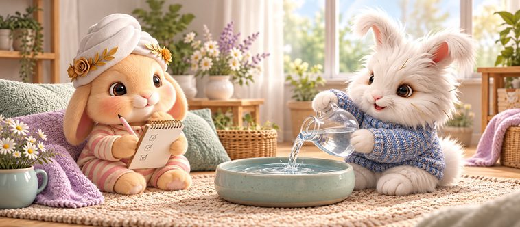 Daily rabbit water check with Bunnini and Pee-Casso