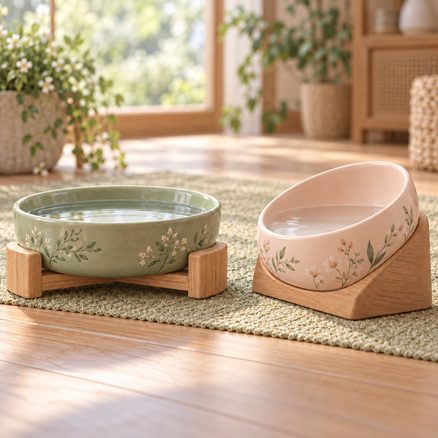 Sage water bowl on a low wooden stand beside a pink tilted ceramic water bowl supported by a wooden wedge.