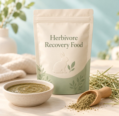 3D illustration of an unbranded herbivore recovery-food pouch beside a bowl of prepared food, a powder scoop and hay