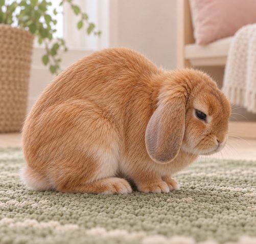 Illustration of Bunnini sitting tensely with a rounded back and lowered head
