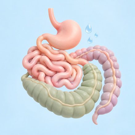 Pastel illustration of digestive organs with water droplets representing rabbit hydration