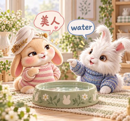 Pee-Casso says water while Bunnini proudly says 美人 beside a ceramic water bowl.