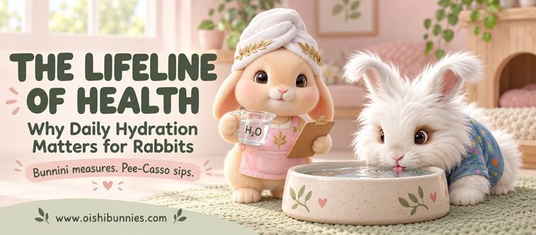 Bunnini holds a measuring jug while Pee-Casso drinks from a ceramic bowl, illustrating daily rabbit hydration.