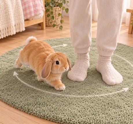 3D chibi Bunnini circling around a person's stationary feet