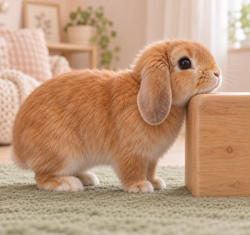 Bunnini rubbing the underside of her chin against a smooth wooden object