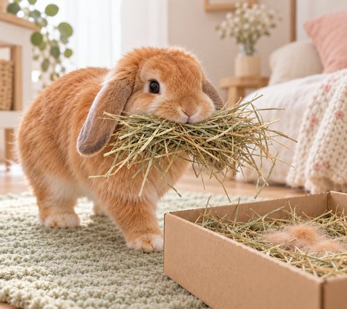 Bunnini carrying a mouthful of hay towards a nest