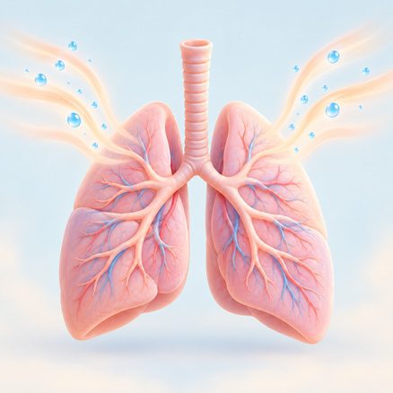 Pastel lungs with airflow and moisture symbols illustrating respiratory heat exchange