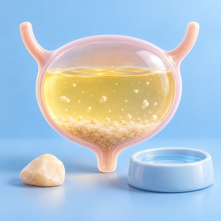 Conceptual illustration of bladder sediment, a mineral stone and a water bowl
