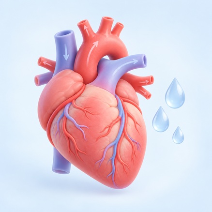 Pastel heart illustration with blood-flow arrows and hydration droplets