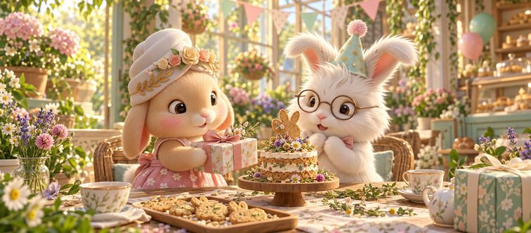 Pee-Casso celebrates his birthday with Bunnini in a garden, illustrating the Loyal Clubber cake milestone