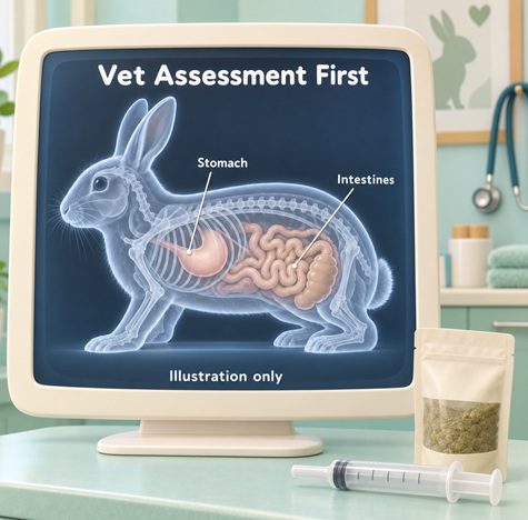 Stylised 3D rabbit X-ray illustration highlighting the stomach and intestines on a veterinary monitor