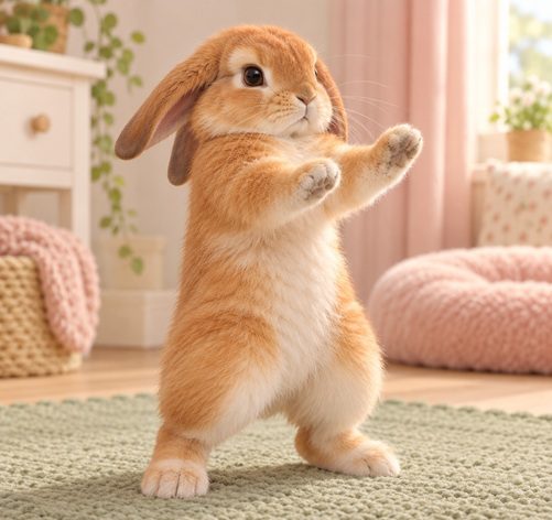 3D chibi Bunnini standing on hind legs with front paws raised in a boxing posture