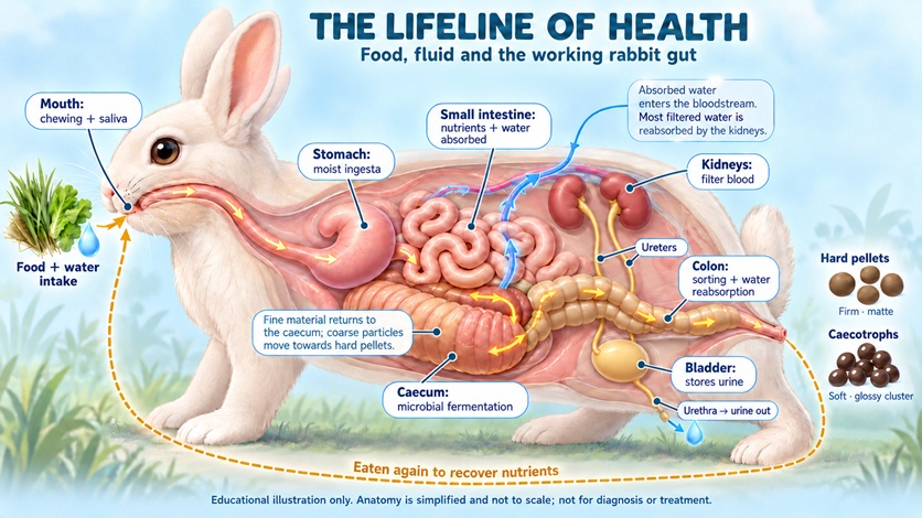 Simplified rabbit cutaway illustrating digestion, caecal fermentation, hard pellets and caecotrophs, with water absorption and the kidney-to-bladder urinary route