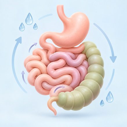 Pastel digestive-organ illustration with arrows representing gut movement and hydration