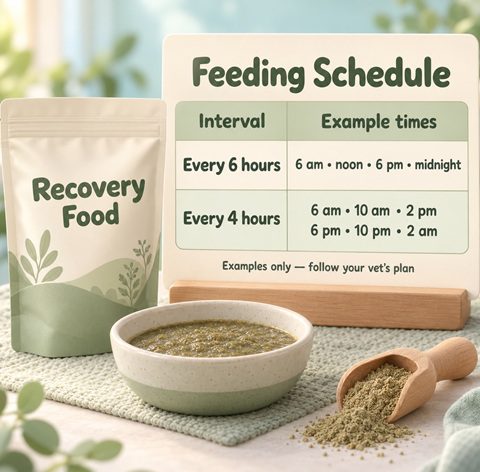 3D illustration of rabbit recovery food beside a timetable showing example feeds every four or six hours