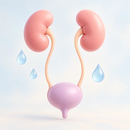 Pastel kidneys, ureters and bladder illustration with hydration droplets