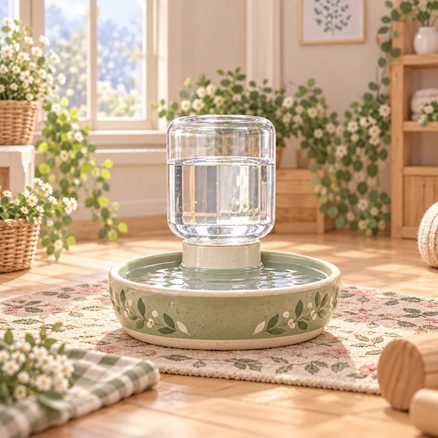 Sage gravity rabbit water bowl with a clear inverted reservoir supplying an open drinking basin.