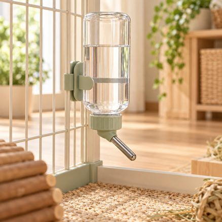Clear rabbit sipper bottle with a sage cap and metal ball-bearing drinking tube securely mounted to a pen panel.