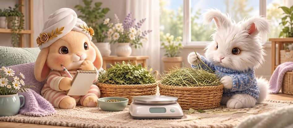 Bunnini and Pee-Casso reviewing alfalfa and grass hay beside a weighing scale