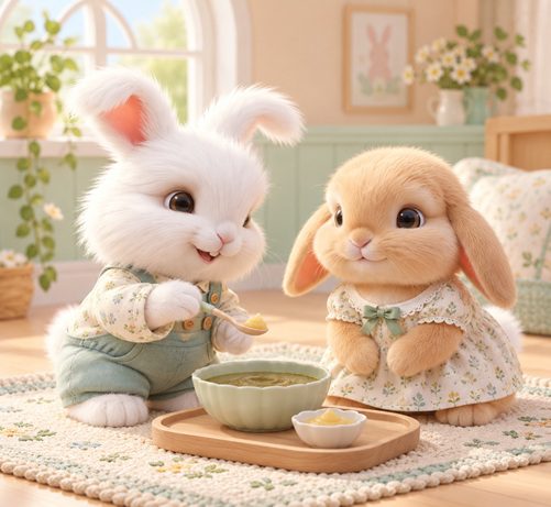 A tiny apple puree dab in a cosy bunny feeding scene