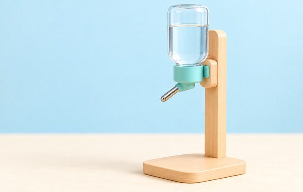 Rabbit drinking from a water bottle spout