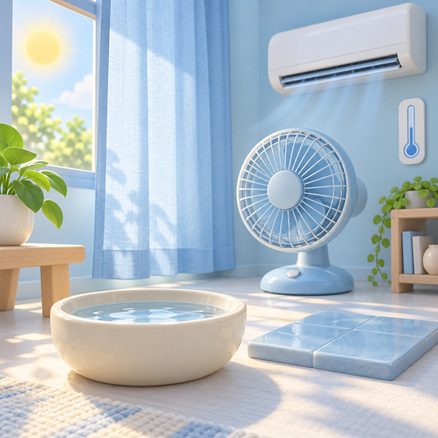 3D illustration of a water bowl, cool tiles, fan and air-conditioning in a shaded room