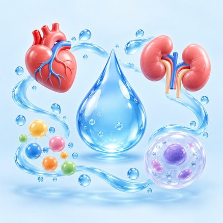 3D illustration of water supporting circulation, kidney function and cells