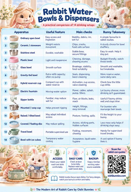 Oishi Bunnies comparison chart of 14 rabbit drinking setups, featuring Bunnini and Pee-Casso.
